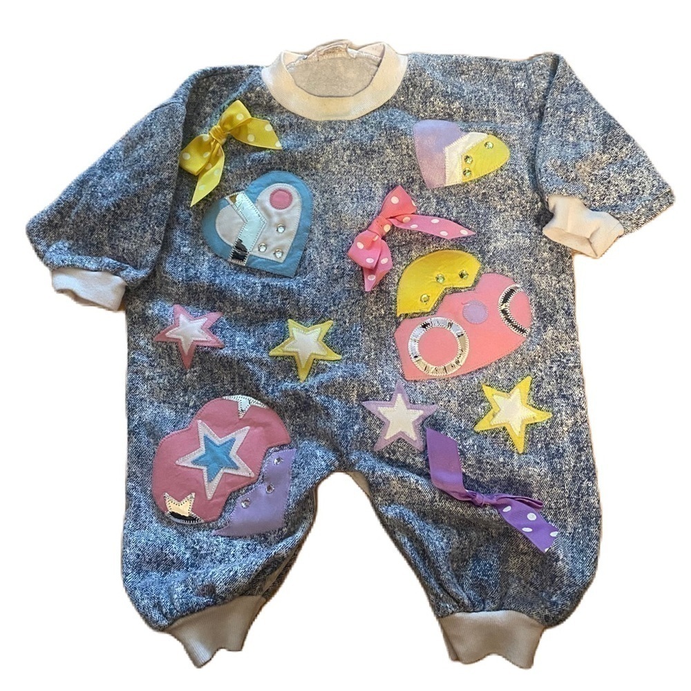 Vintage 80s Jumpsuit Romper Baby 12 mos Acid Wash Fancy That Bow 3D Pink Yellow